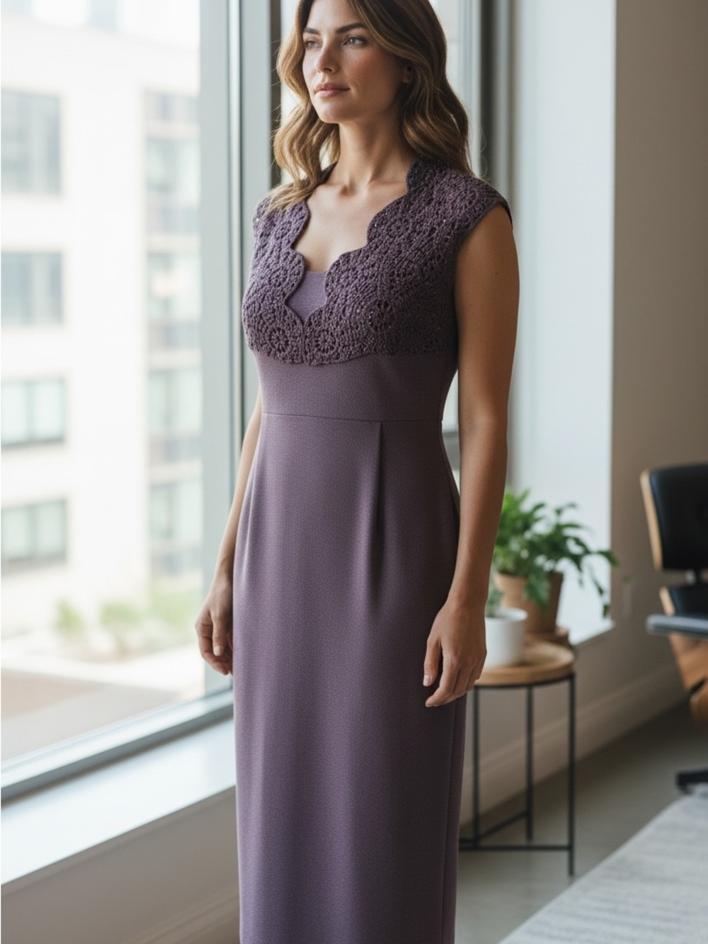Elegant St. John Lace-Trim Midi Dress in Mauve. NWT Size 6